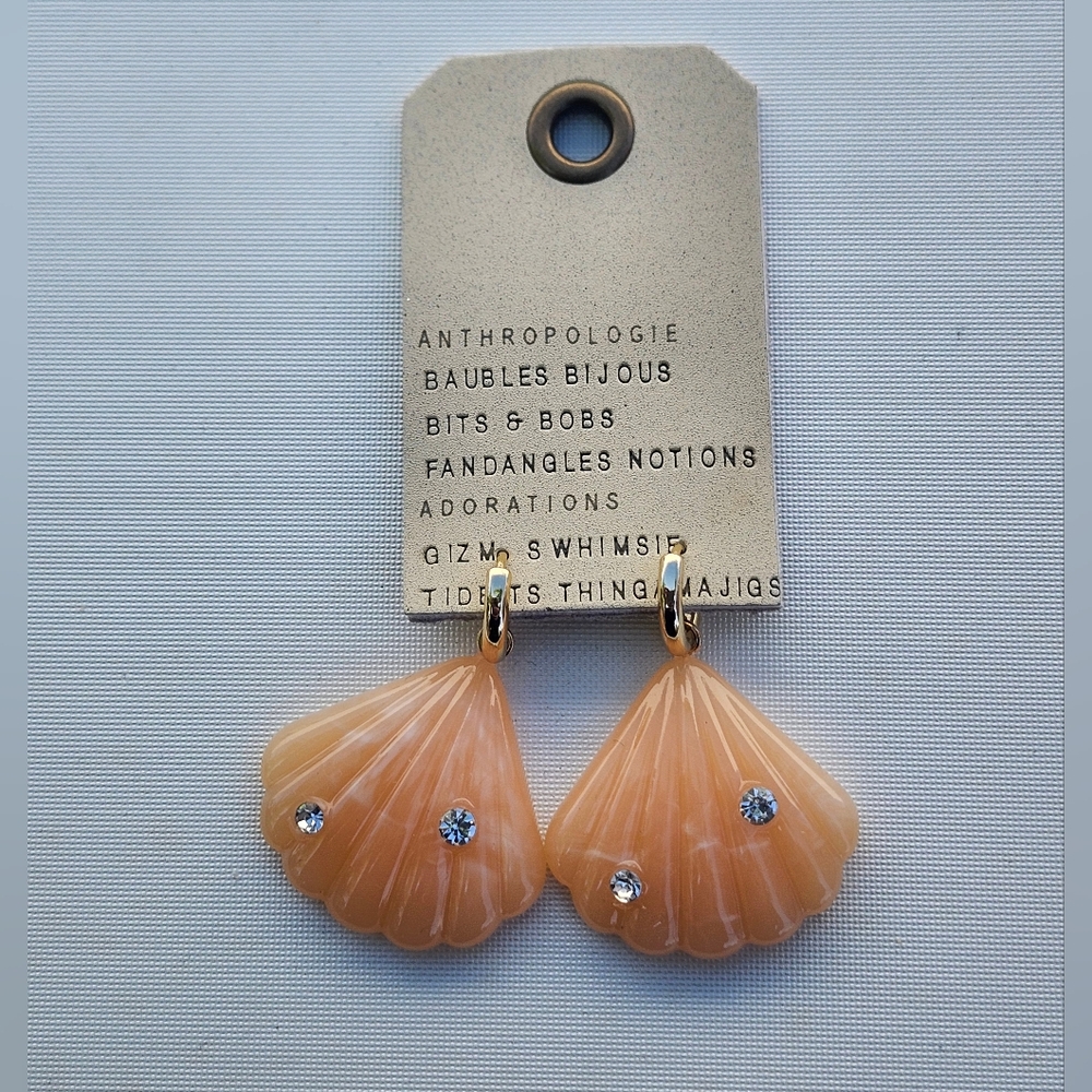NWT Gold Anthropologie Fun Icon Shell Charm Orange Hoop Earrings